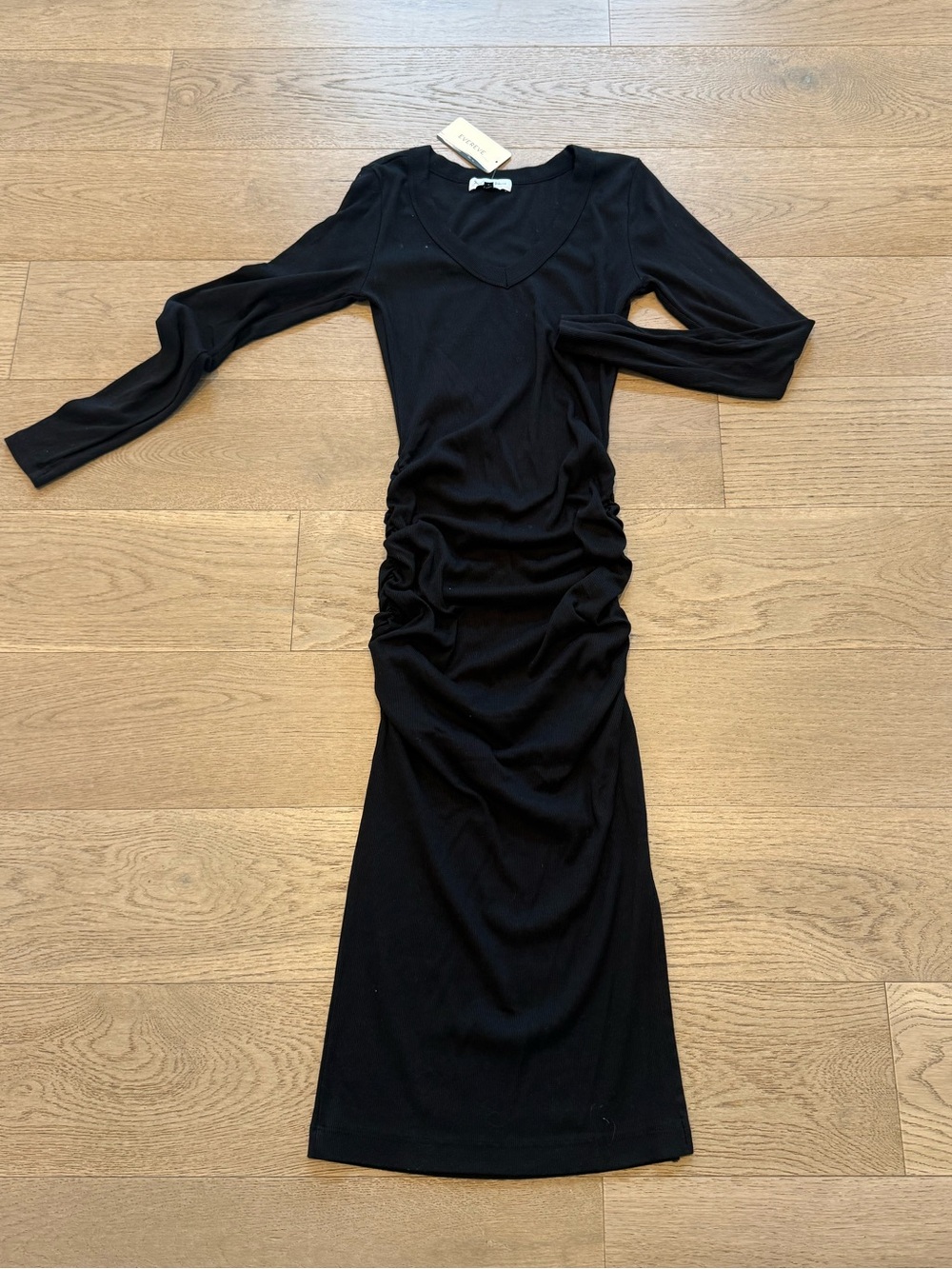 Michael Stars Black V‑Neck Long Sleeve Ruched Midi Dress